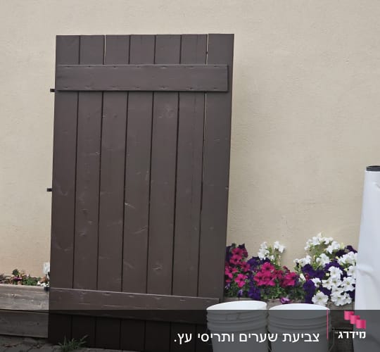 דלת עץ צבועה חום עם דליים לבנים